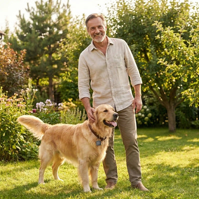 air-tag-happy-man-dog-backyard-collar-tracker