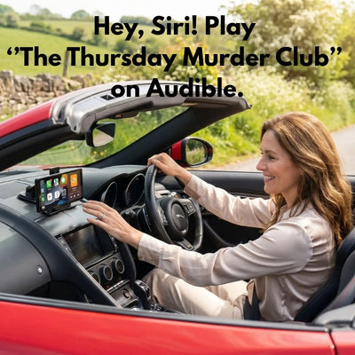 Woman driving a car with a carplay screen giving the voice command 'Play The Thursday Murder Club on Audible'.